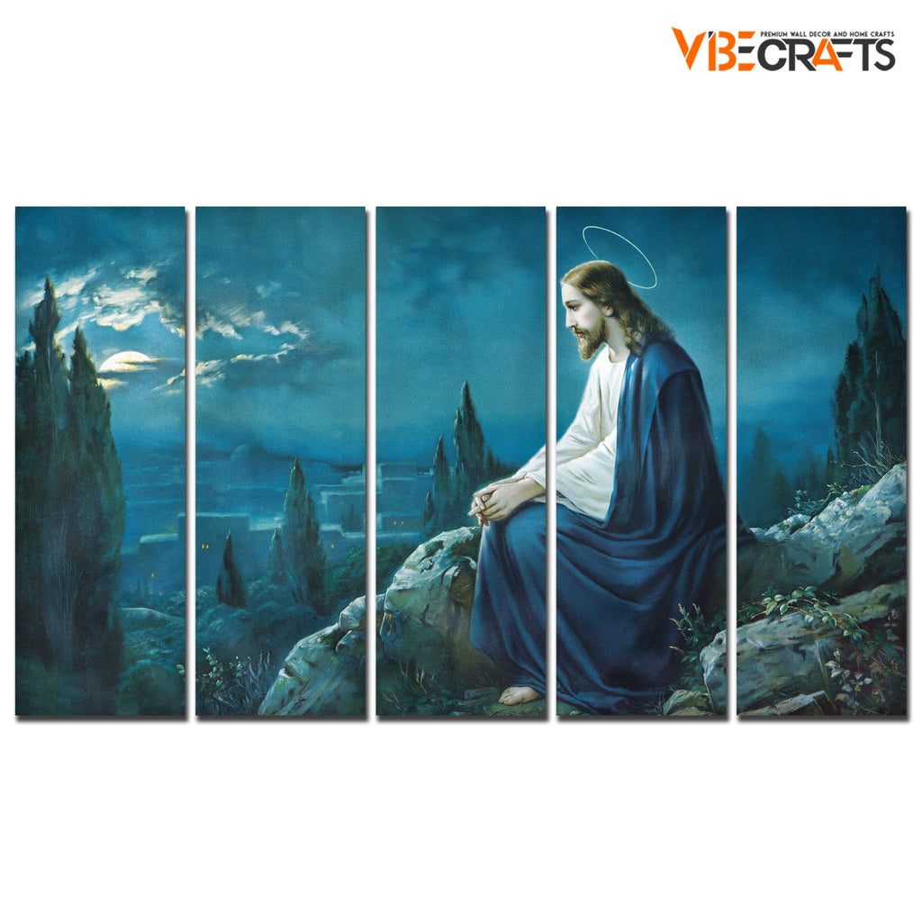VIBECRAFTS Jesus In Forest 5 Pieces Canvas Wall Painting For Home | Office | Living Room | Gift (PTVC5Pcs4_8512)