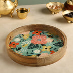 ABEER HOME Mango Wood Round Serving Tray - 12 x 12 Inches | Green Floral Design Decorative Wooden Serving Platter for Snacks, Sweets, Coffee, Tea & Home Décor | Durable Kitchen Tray for Gifting