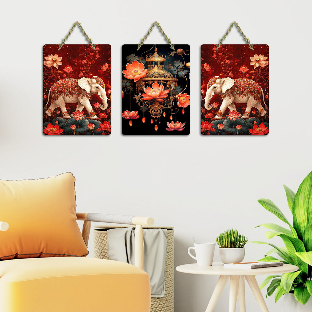 Artvibes Royal Elephants Madhubani Art Home Decorative Wall Art MDF Wooden Wall Hanger for Home | Printed Wall Decoration | Graphic Artwork | Wall Poster | Sceneries | Gifts (WH_96144N), Set of 3