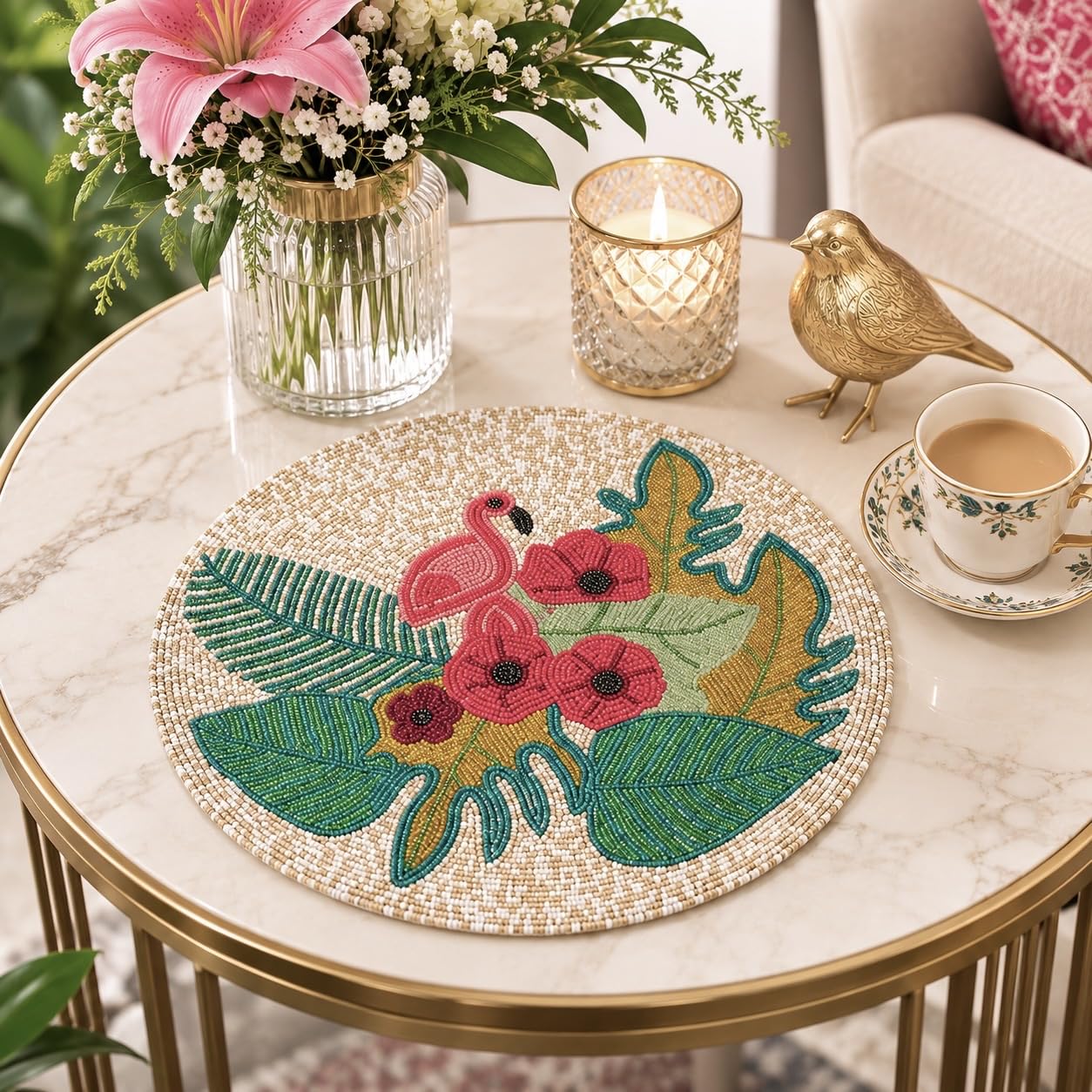 Made for You Swan Design Beaded Round Table Mat/Placemats | Decorative Beaded Table Mat Round | Handcrafted Swan Pattern Table Decor | Dining Table Mat for Home Decoration Kafalo
