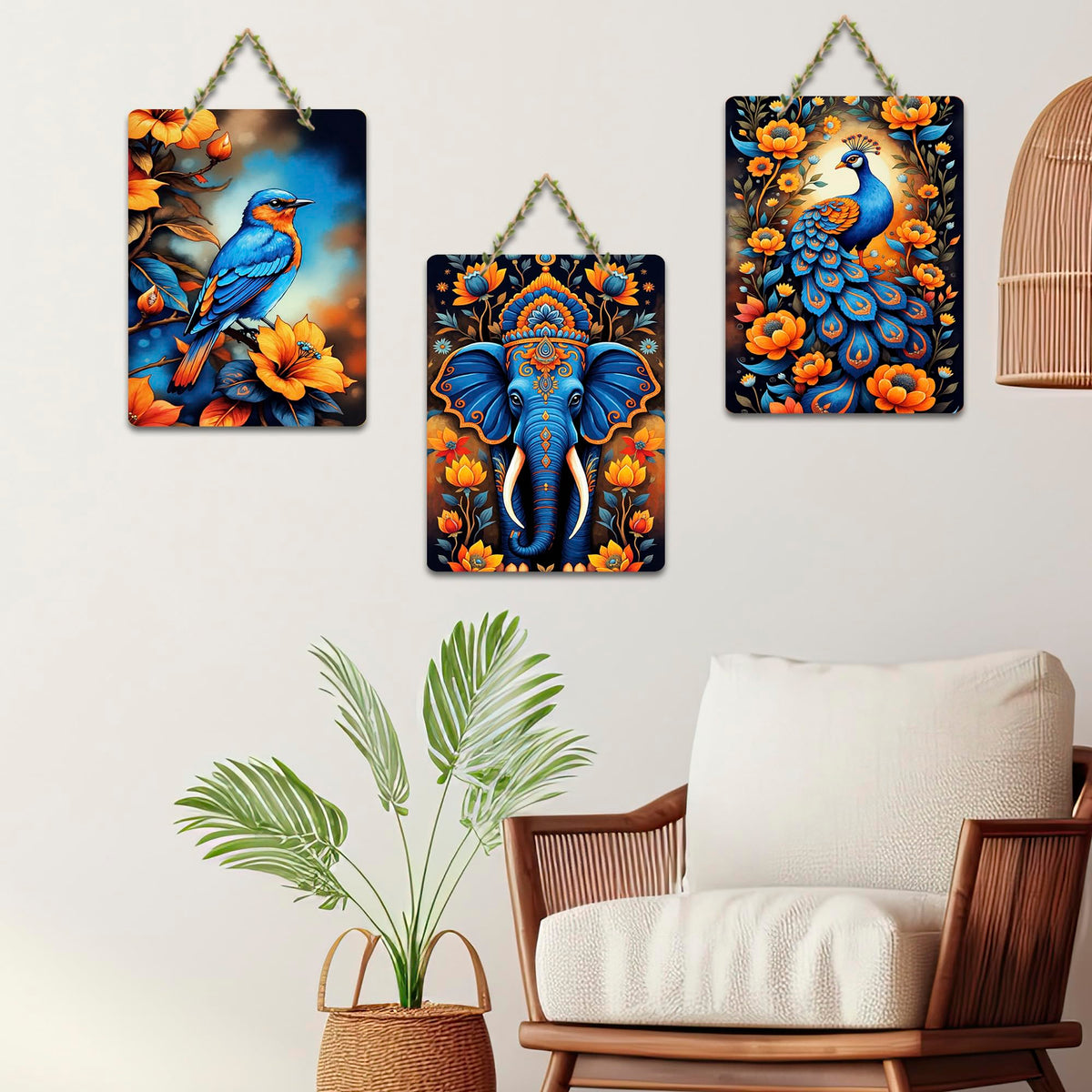 Artvibes Peacock, Birds & Elephant Aesthetic Modern Art Wooden Wall Hanger for Home Decor | Garden Balcony| Stylish Modern Decor Item | Wall Art Print | Unique Gift Items (WH_9620N), Set of 3