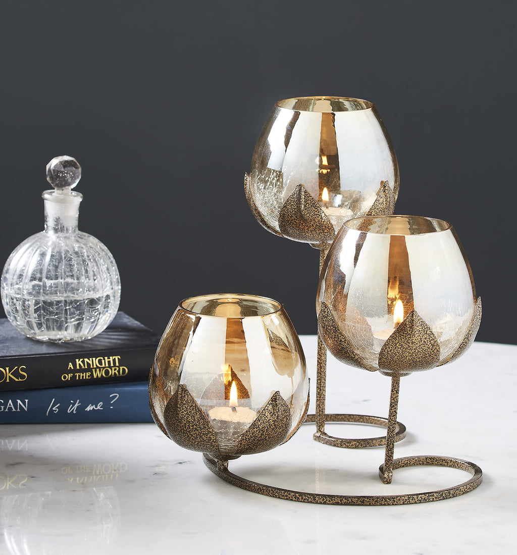Tuxédo 3pc Gold Glass Candle Holders - 3- Candlesticks Holders Gold Glass Candle for Home Decoration Dinning Table Decoration Candle Wedding Holiday Décor