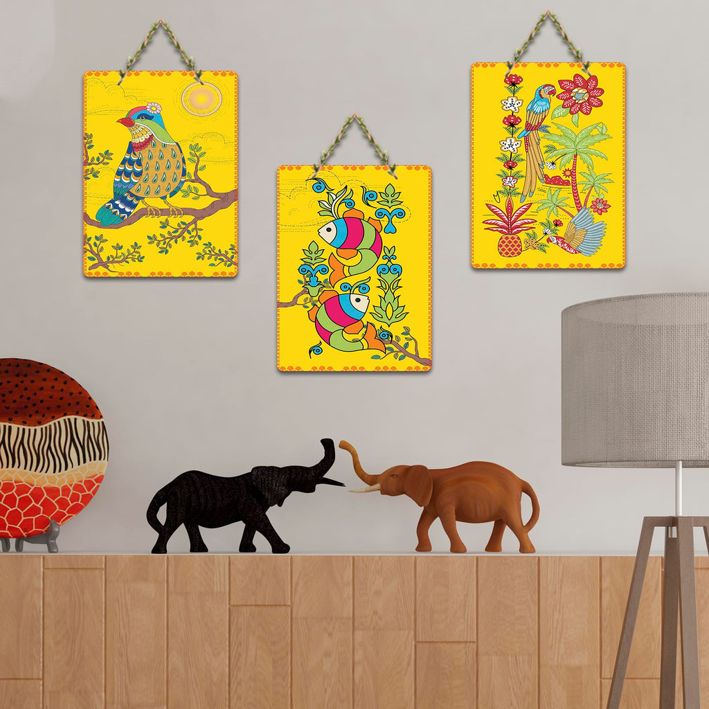 Artvibes Blissful Bird Aquatic Fish & Vibrant Parrot Art Decorative Wall Art MDF Wooden Wall Hanger for Home | Handcrafted Art | Wall Poster | Graphic Artwork | Unique Gift (WH_9621N), Set of 3