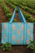 HOUSE OF GULAB Tote Bag with Long Handler & Inside Pocket (Blue & Red)