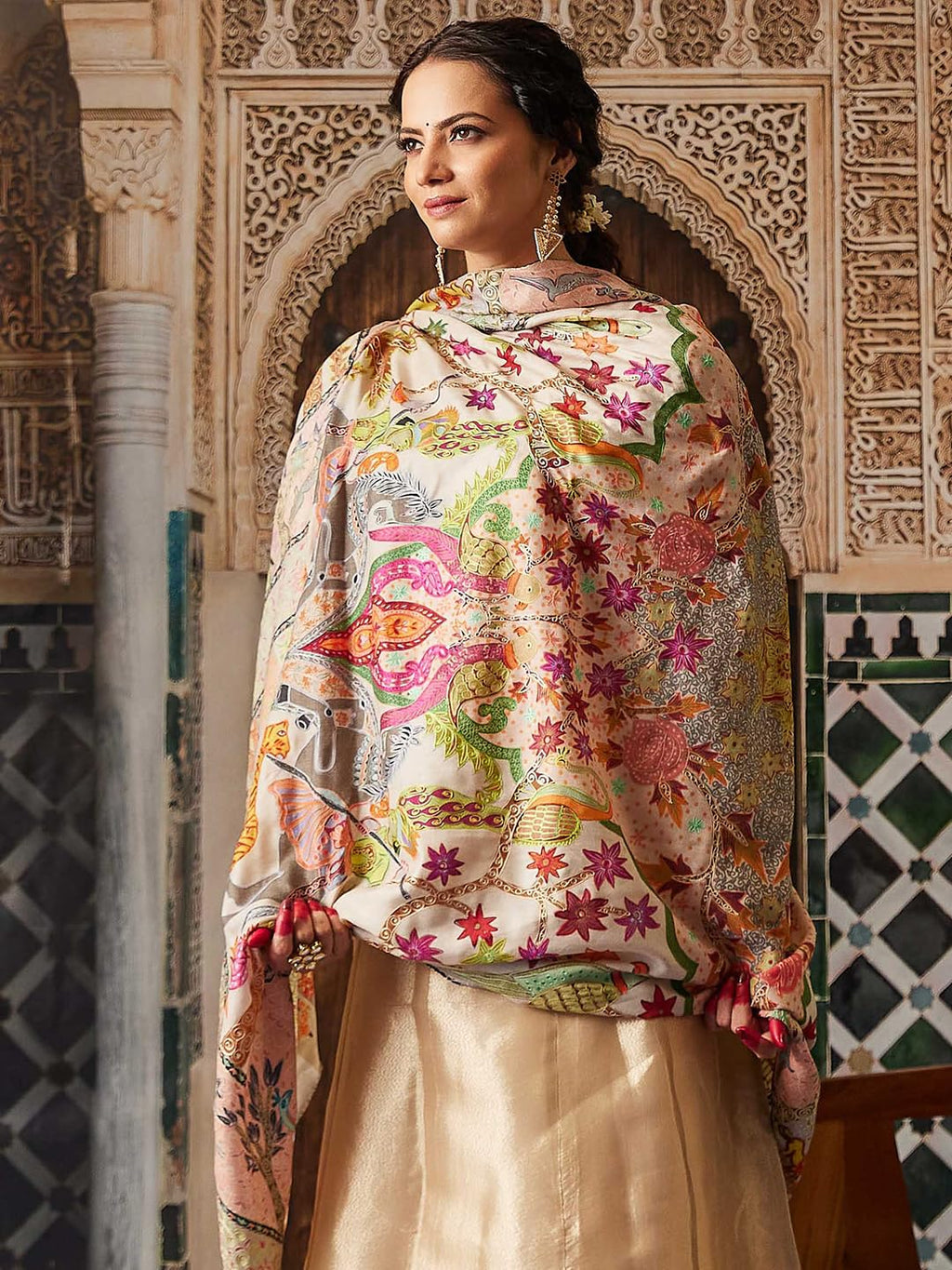 Pashmoda Women Aafreen Fine Wool Fabric Pashmina Kalamkari Embroidered Shawl, Stole and Wrap, Sustainable and Natural Fabric, Heritage Kashmiri Pashmina(Size 40x80)