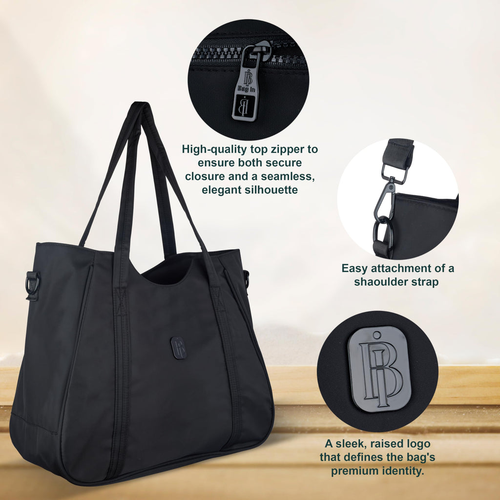 Women’s Tote Bag with Zipper & Adjustable Shoulder Strap – Lightweight Large Handbag for Work, Travel & Daily Use (BLACK)