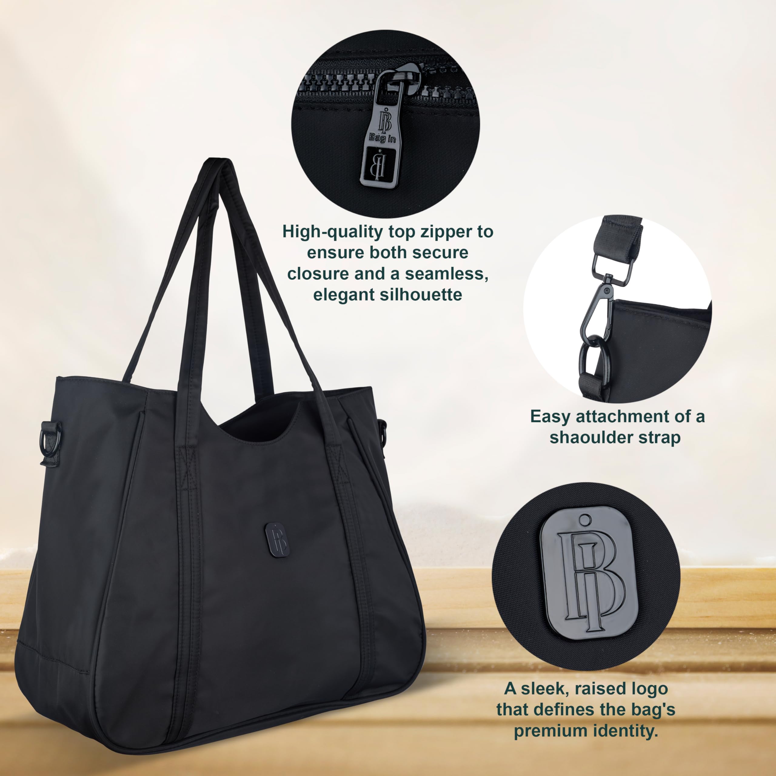 Women’s Tote Bag with Zipper & Adjustable Shoulder Strap – Lightweight Large Handbag for Work, Travel & Daily Use (BLACK)