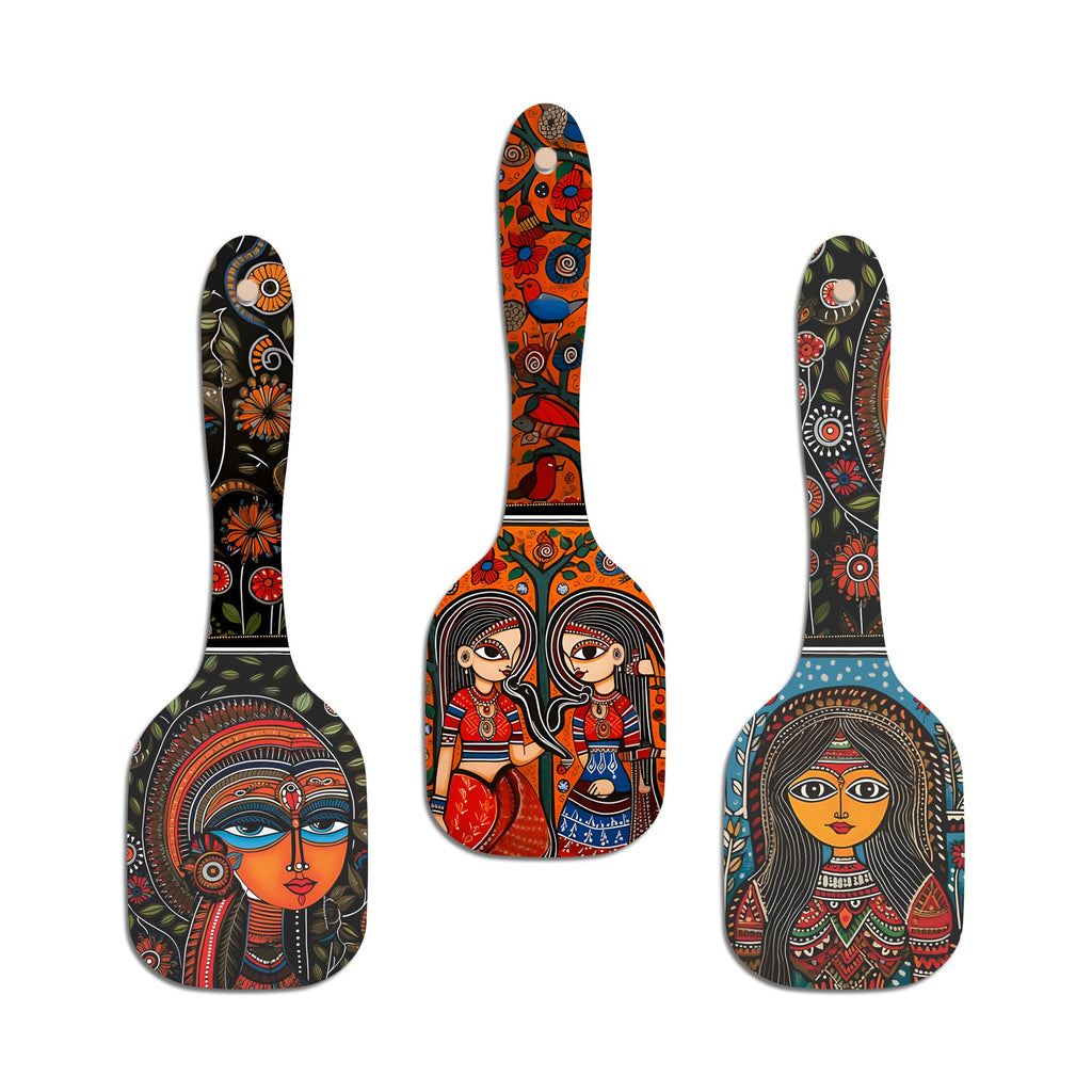 Artvibes Madhubani Women Portrait Spatula Shape Wooden Wall Hanging | Madhubani Wall Paintings | Wall Accent | Gift Items | Aesthetic Wooden Decor | Ethnic Wall Decor (WH_11001N), Set of 3