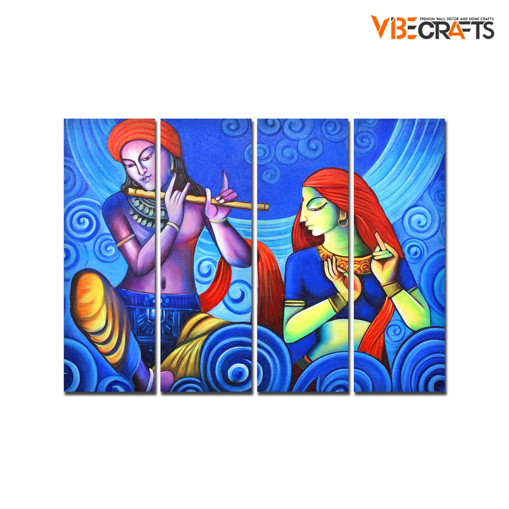 VIBECRAFTS Shree Radha Krishna With Flute 4 Pieces Canvas Wall Painting Fitted With Wooden Frame For Home | Office | Living Room | Gift(PTVC4Pcs1_13514)