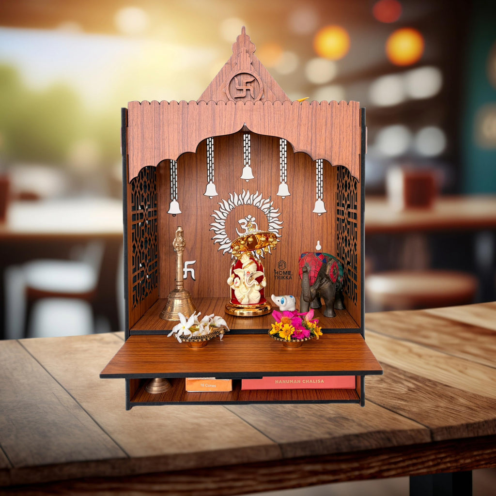 HomeTrikka™ Shubh Kripa Wooden Slider Temple | Elegant Medium Wall-Mounted Pooja Mandir with Storage & LED Light | Lightweight Pooja Stand for Home & Office | Size H-19.5 x L-12.3 x W-7 Inch