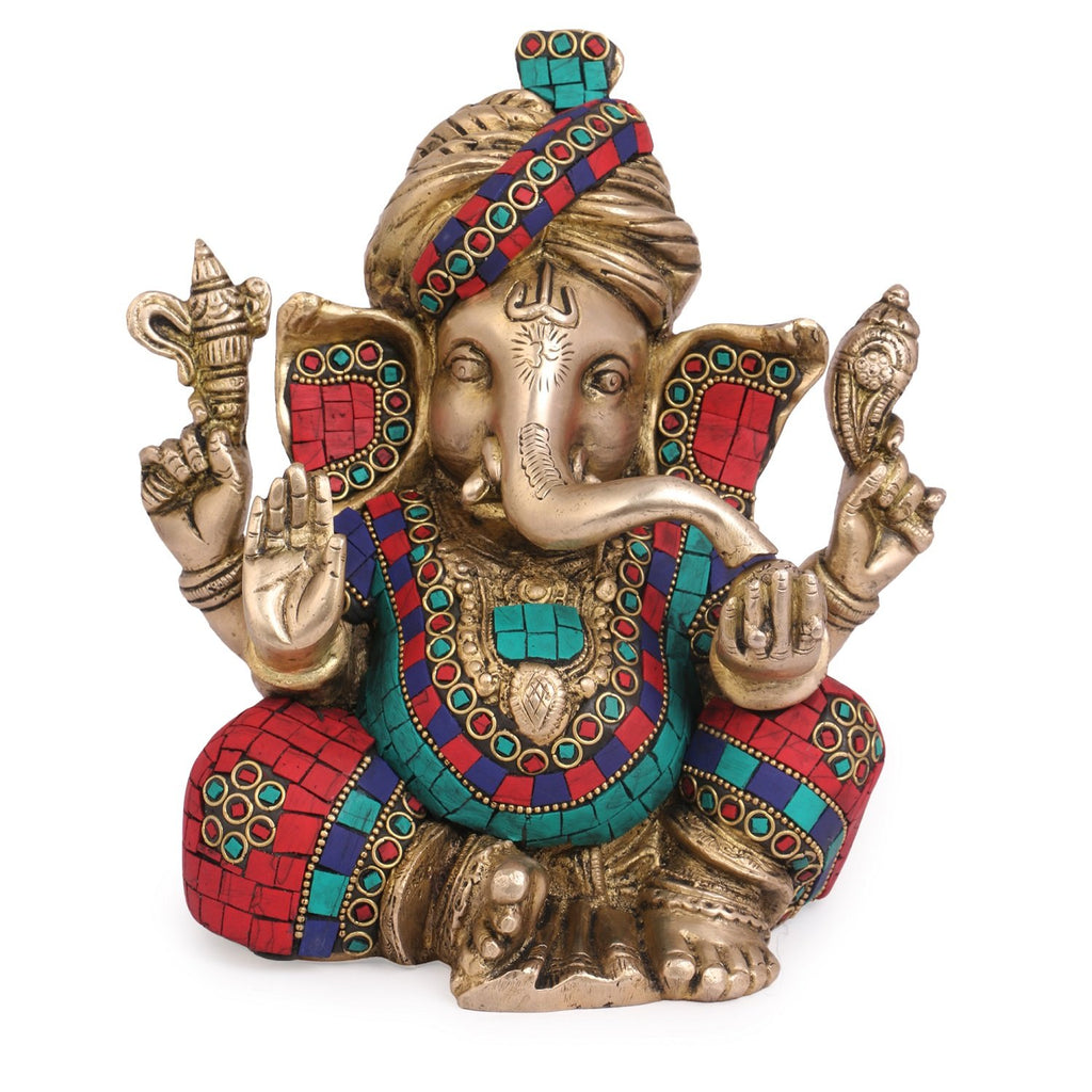 ARTVARKO Brass Color Ganesha Safa Pagdi Ganesh Statue Ganapathi Vigneshwara Ganpati Stone Idol Figurine God Lord Elephant Sculpture Height 9