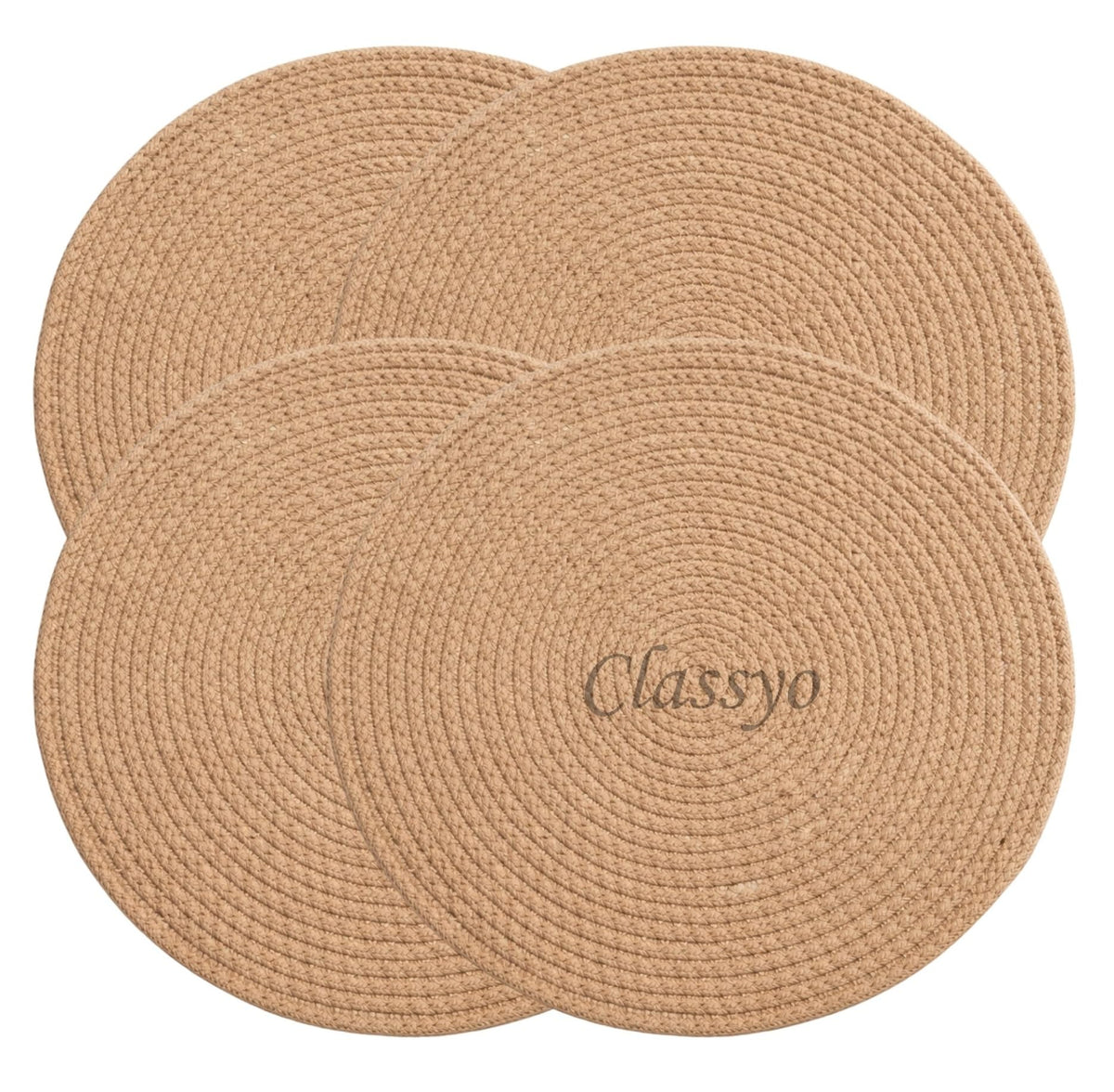 Classyo Cotton Coasters for Dining Table, 10 inch (Beige, Pack of 4) | Round Placemats for Hot Pots, Plates and Pans | Dining Table Placemats | Dining Table Mat | Washable Round Table Mats Kafalo