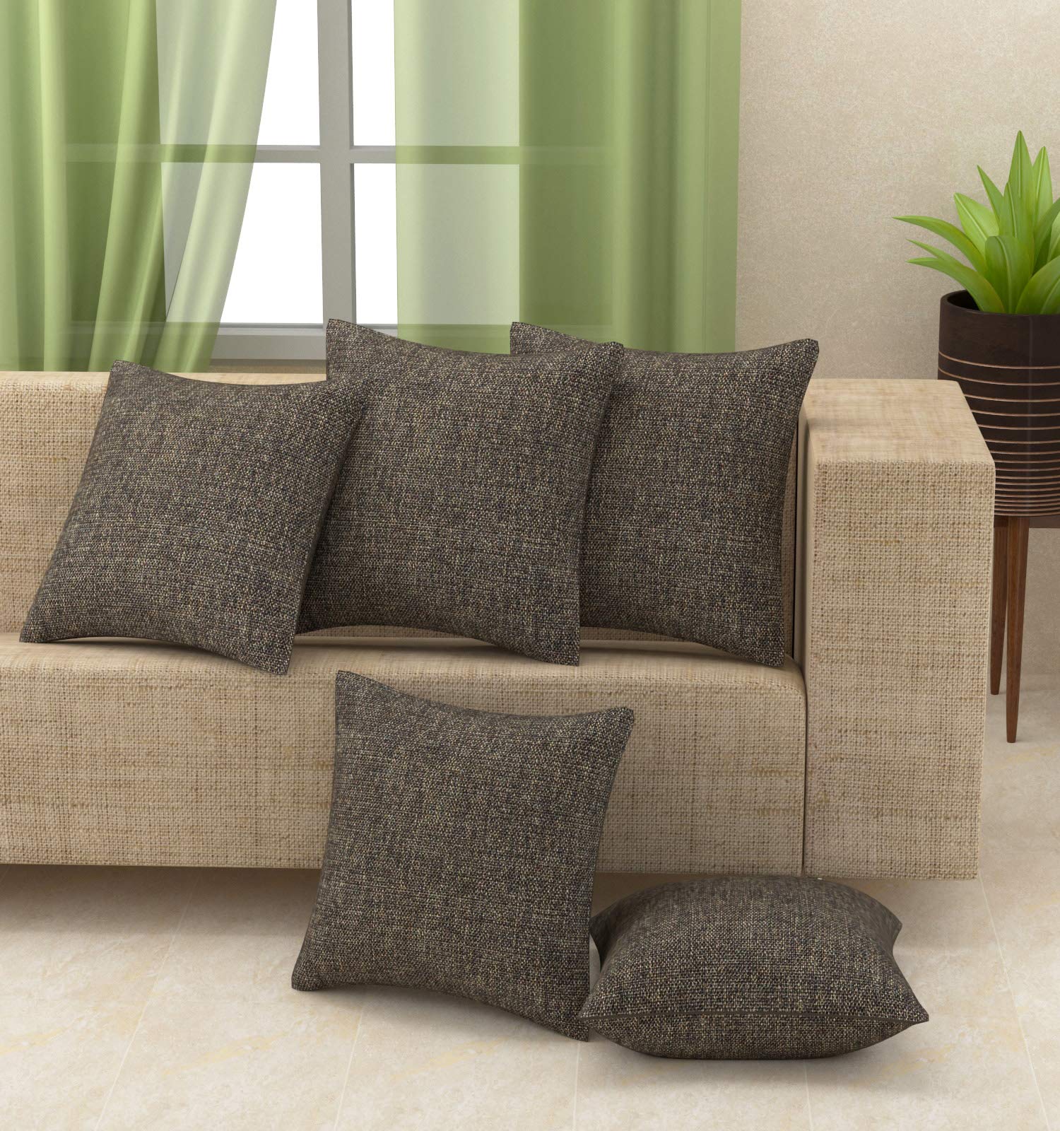 Yellow Weaves Jute Texture Cushion Covers, 16 X 16 Inches, Brown, Set of 5, 250 TC