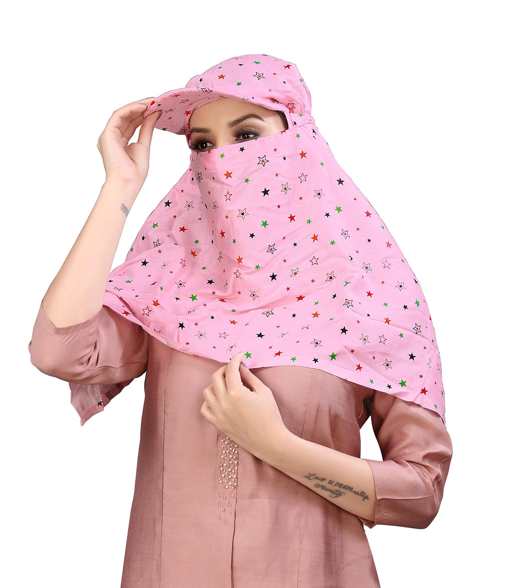 7 season's Women's Cotton Short Scarf Cum Mask for Female Universal Size/Usable For Vehicle Driver For Sunlight Uv Protection/White Printed Design (Cap_Pink, Free)