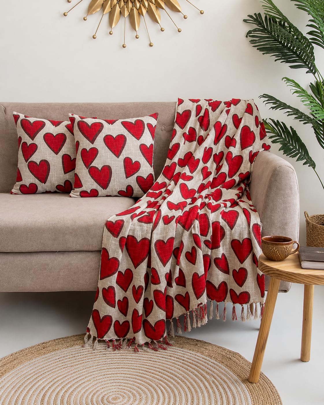 DMAASA Heart Printed Cotton Sofa Throw 50x70 Inches with 2 pcs Cushion Covers 16x16 inches, Pack of 3 Kafalo