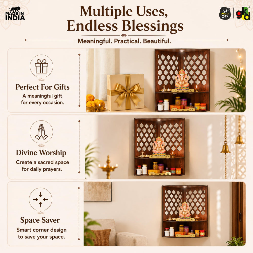 Gift Kya De Wooden Corner Pooja Mandir for Home & Office | Wall Mounted Pooja Stand with LED Light | GKD Compact Wooden Temple for Wall Corner, Devghar for Desk (H-17 x W-10 x L-15 Inch)