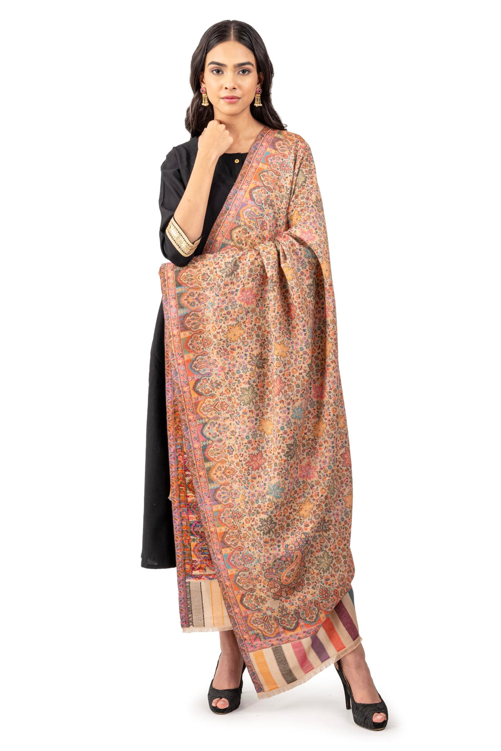Naureen Women Pashmina Blend Kani Shawl with Floral Artwork, Warm and Soft, 40x80 inch