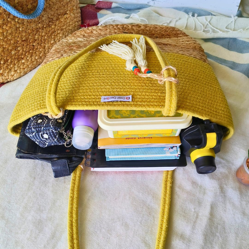 Desi Decore™ Handmade Jute Handbag For Women| Large Cotton Tote Bag | Shoulder and Bucket bag | Beach Bag for Women | Grocery Bag (Yellow)