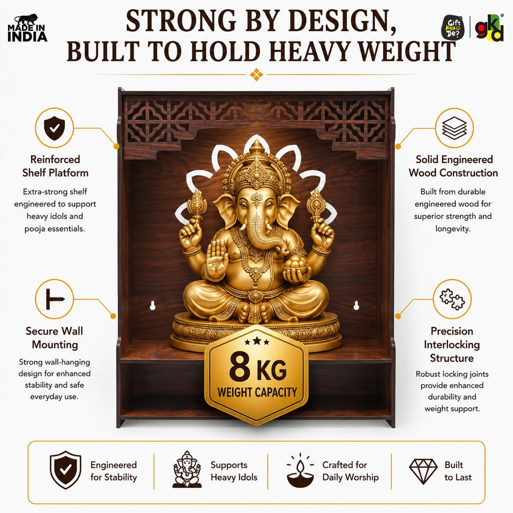 Gift Kya De GKD Wooden Beautiful Pooja Stand for Home Mandir | Temple for Home and Office Puja Mandir for Office Wall with LED Spot Light Product (H- 18, L- 16, W-8.75 Inch) (Big Om)