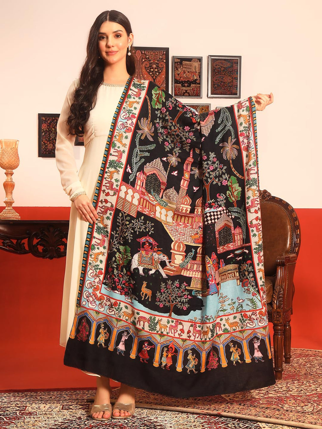 Pashmoda Women Mughal Bagh 100% Pure Wool Fabric Kalamkari Embroidered Shawl (Size: 40x80in, 101x203cm) KAS22