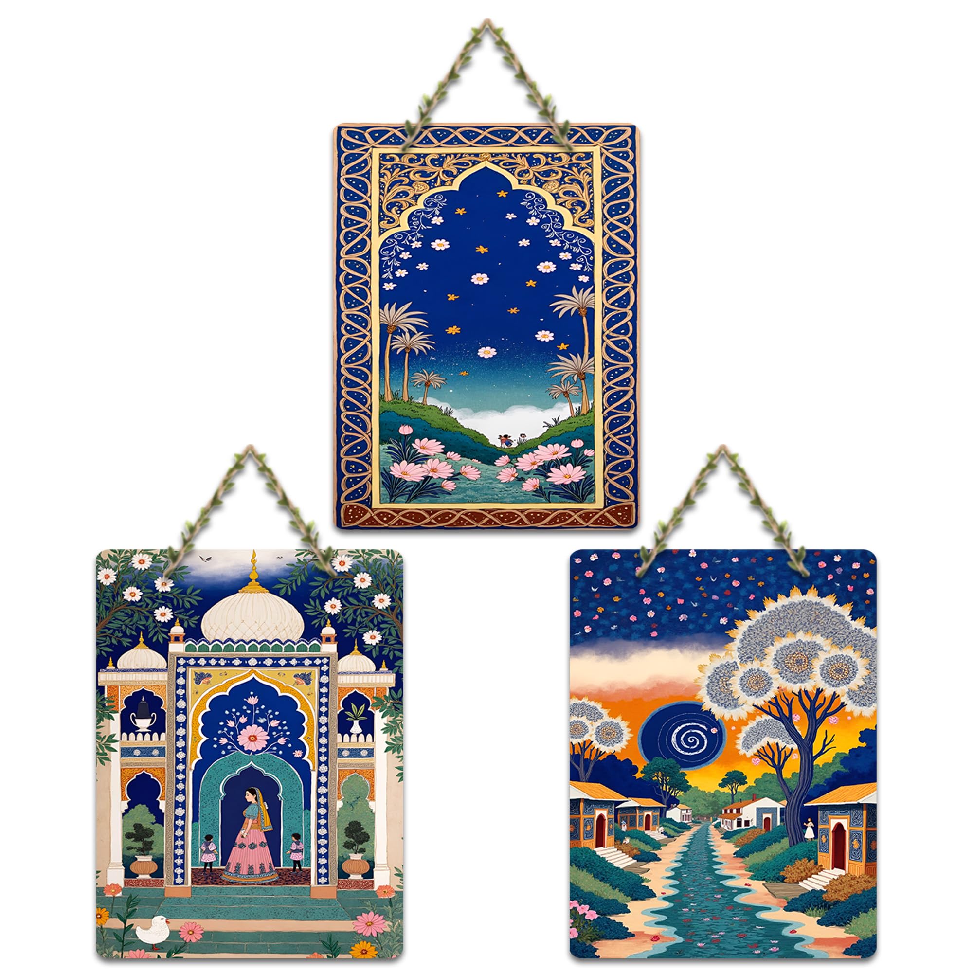 Artvibes Royal Palace Lotus Garden & Starry Night Village Scene Decorative Wall Art MDF Wooden Wall Hanger for Living Room | Home Decor | Wall Accent | Wall Poster | Ideal Gifts (WH_9657N), Set of 3
