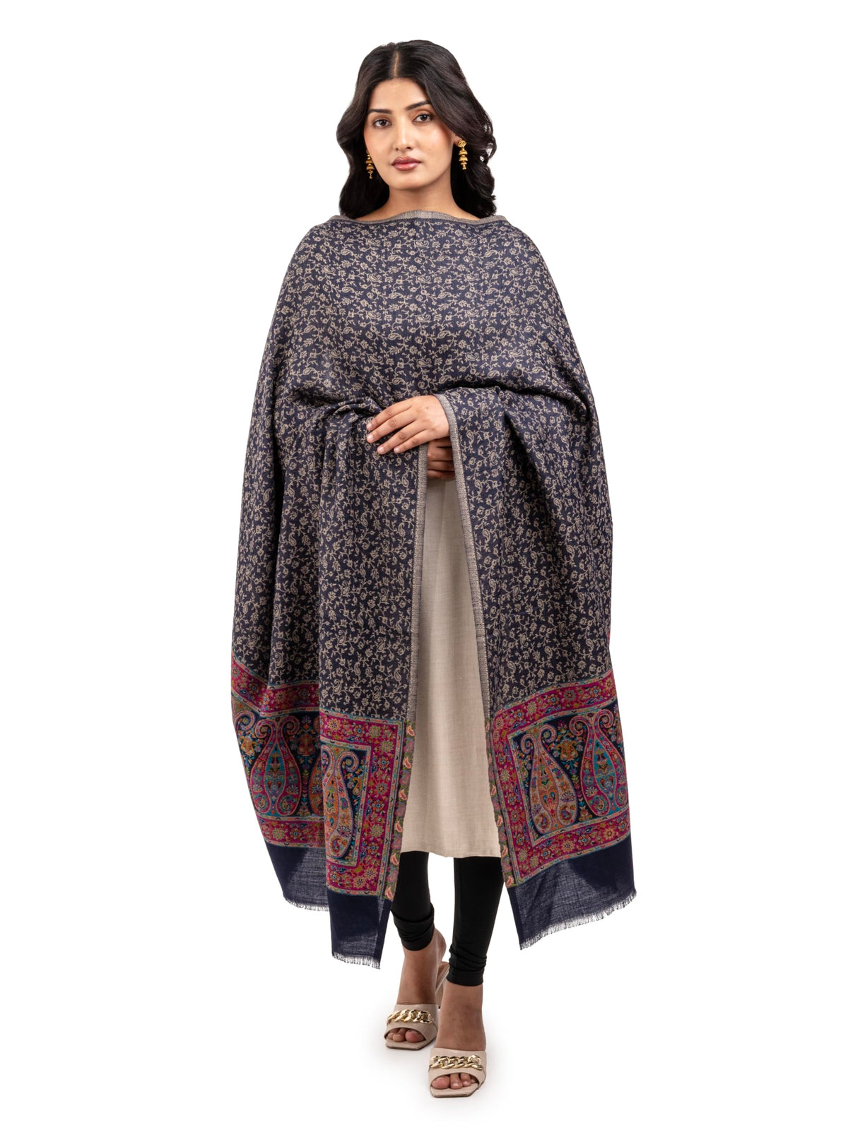 Naureen Women Pashmina Blend Kani Shawl with Paisley and Floral Border, Warm and Soft, 40x80 inch