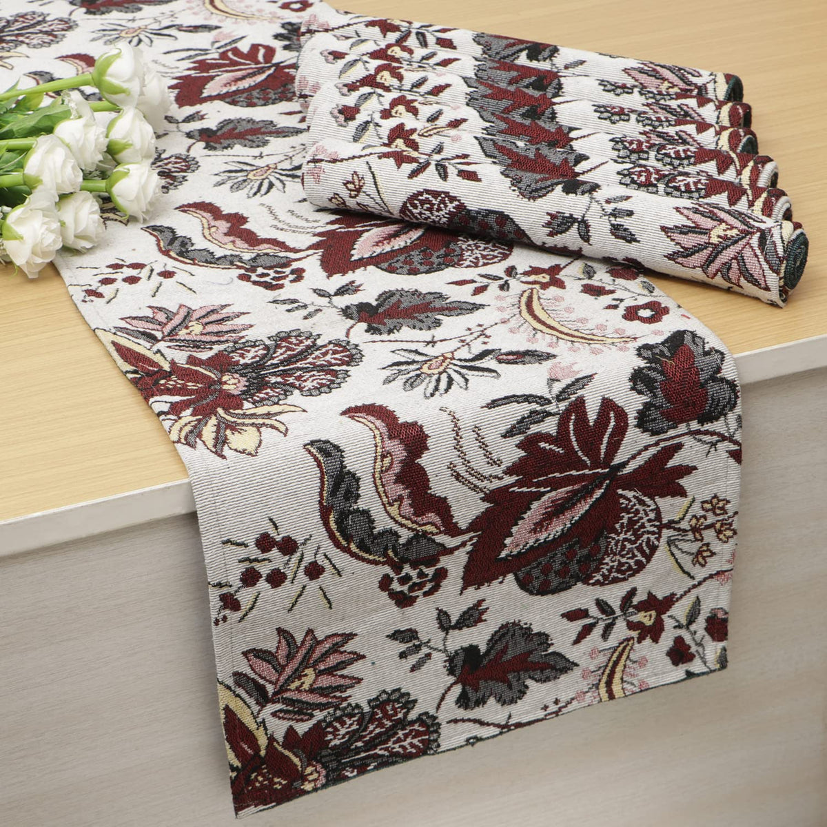 HOKIPO Cotton Jacquard 6 Placemats with Runner for Dining Table 6 Seater (IN530-D4*6+IN532), Large, white spring flower Kafalo