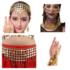 VRITRAZ Women's Chiffon Belly Dance 50 Coin Headband, Wrist Band, Face Veil And Metal Hip Scarf (Gold)