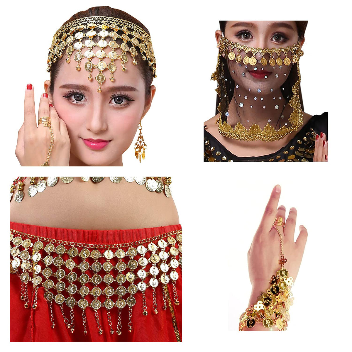 VRITRAZ Women's Chiffon Belly Dance 50 Coin Headband, Wrist Band, Face Veil And Metal Hip Scarf (Gold)