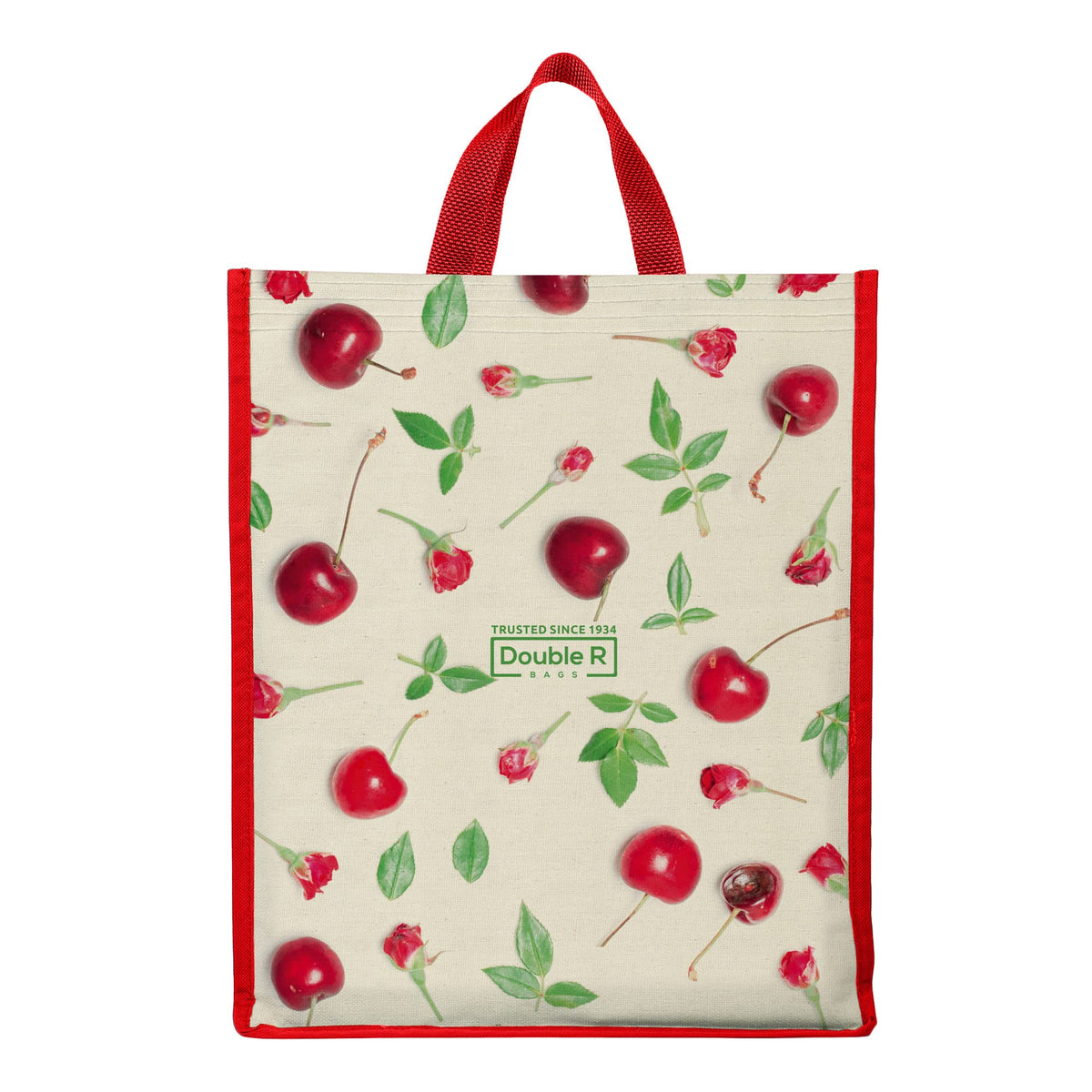 DOUBLE R BAGS Unisex Big Eco Cotton Canvas Shopping Bag for Grocery, Milk, Fruits & Vegetables | Reusable Jhola Tote with Reinforced Handles | Cherry Print, 34x9.5x39.5 cm, 1 Compartment (Pack of 6)