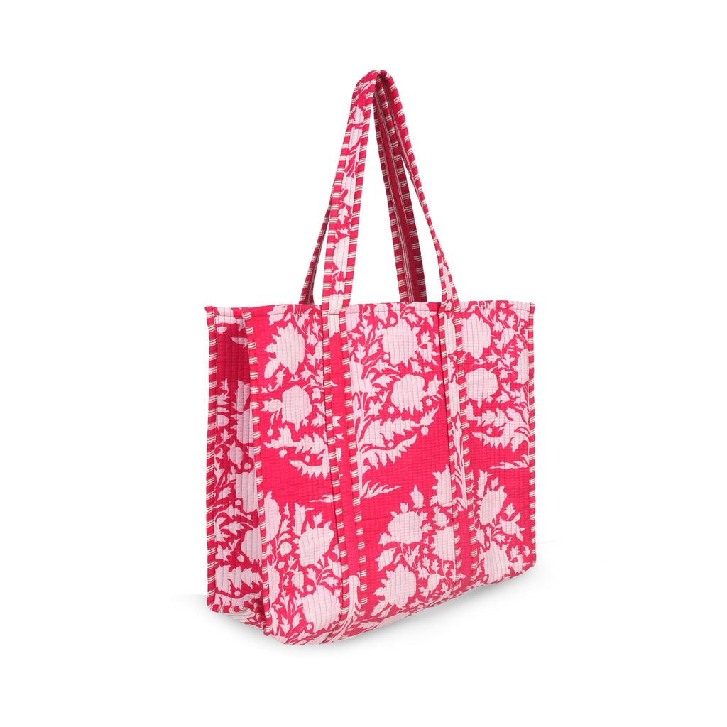 Beautiful Cotton Quilted Tote Bag For Multipurpose tote bag, Shoulder Bag,Shopping bag, Pink Flower Reversible bag.18x15x5.5 Inch