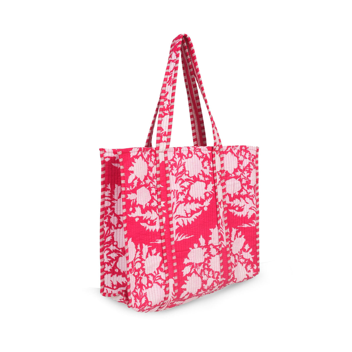 Beautiful Cotton Quilted Tote Bag For Multipurpose tote bag, Shoulder Bag,Shopping bag, Pink Flower Reversible bag.18x15x5.5 Inch