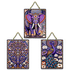 Artvibes Elephant & Peacock Aesthetic Modern Art Wooden Art Decoration Item for Living Room | Art For Wall | Door Decoration Items | Wall Poster | Paintings For Wall | Gift Items (WH_9643N), Set of 3
