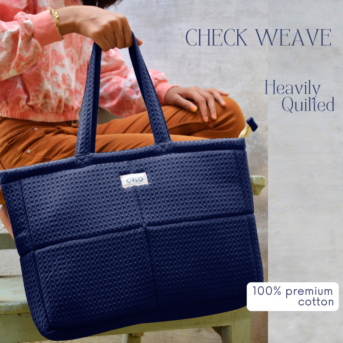 HOUSE OF ORLO Premium Cotton Waffle Quilted Tote Bag, Large Spacious Handbag for College, Office, Work, Travel, Shopping & Daily Use - Indigo Blue