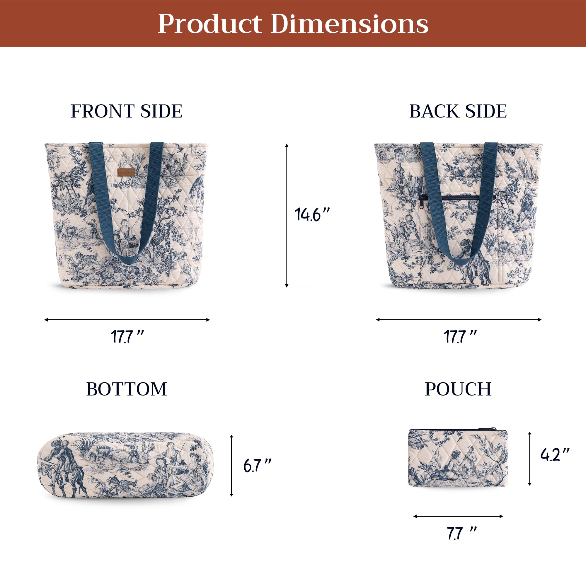 Maison d' Hermine Shopping Bags Cotton Quilted Tote Bag with Zipper Pockets, 008 - the Miller - Blue, 17.7 L x 6.7 W x 14.6 H (Shopping Bag), 2 - the Miller - Blue