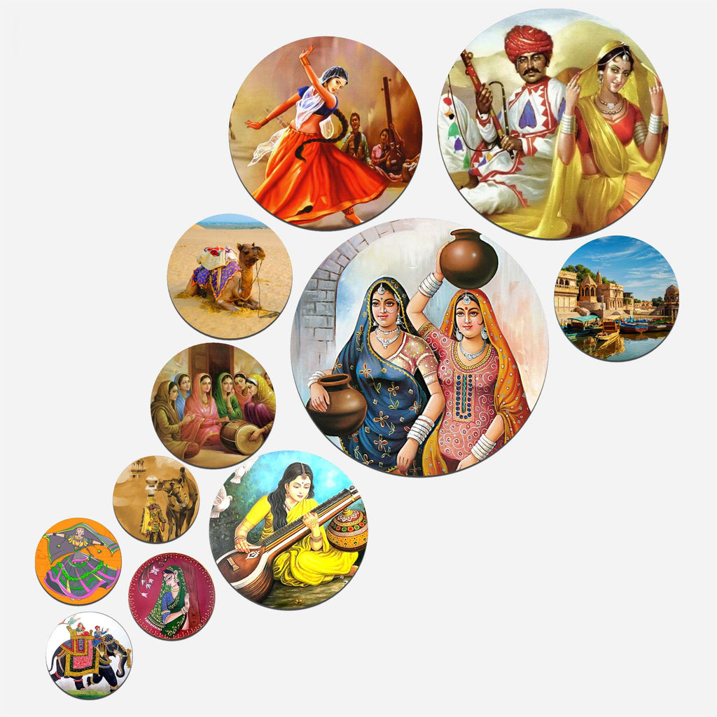 Artvibes Girl Playing Sitar Indian Village Folk Art Round Shape MDF Wooden Wall Decor Items for Home | Art For Wall | Modern Decor Artwork | Wall Art Print | Unique Gift Items (WPS_132N), Set of 11