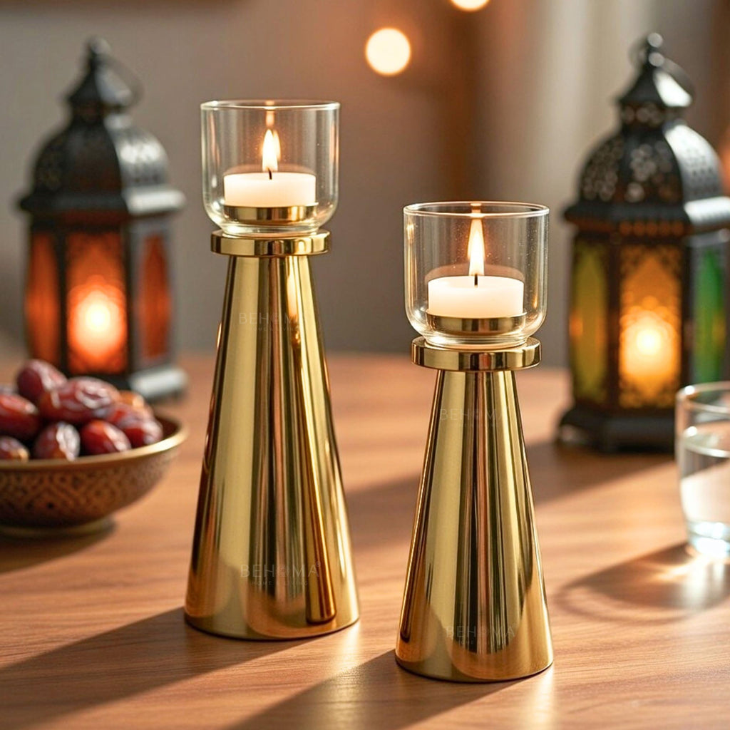 Behoma Handcrafted Golden Tea Light Candle Holders Set of 2