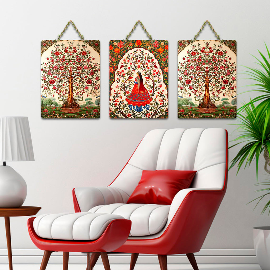Artvibes Beautiful Tree Pichwai Art Wooden Wall Hanger for Home Decor | Living Room | Office | Wall Art Painting For Hall | Graphic Artwork | Wall Illustrations | Gift Items (WH_9608N), Set of 3