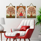 Artvibes Beautiful Tree Pichwai Art Wooden Wall Hanger for Home Decor | Living Room | Office | Wall Art Painting For Hall | Graphic Artwork | Wall Illustrations | Gift Items (WH_9608N), Set of 3