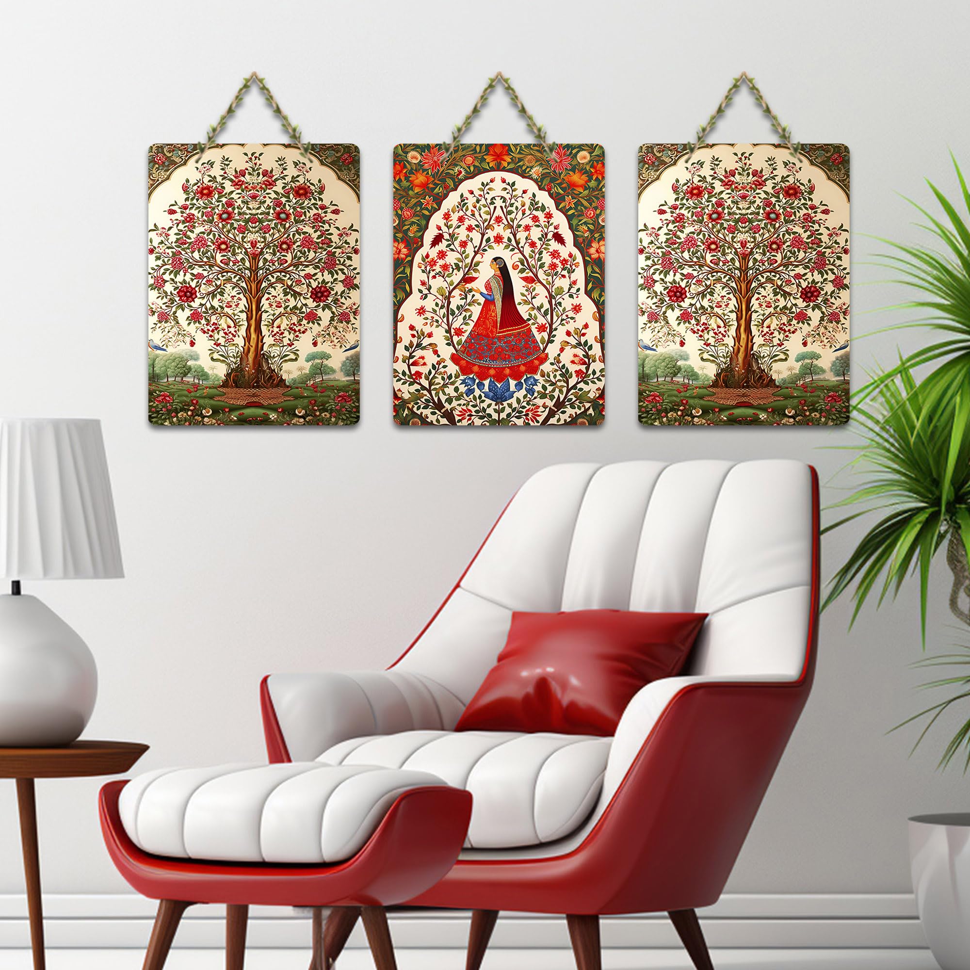 Artvibes Beautiful Tree Pichwai Art Wooden Wall Hanger for Home Decor | Living Room | Office | Wall Art Painting For Hall | Graphic Artwork | Wall Illustrations | Gift Items (WH_9608N), Set of 3