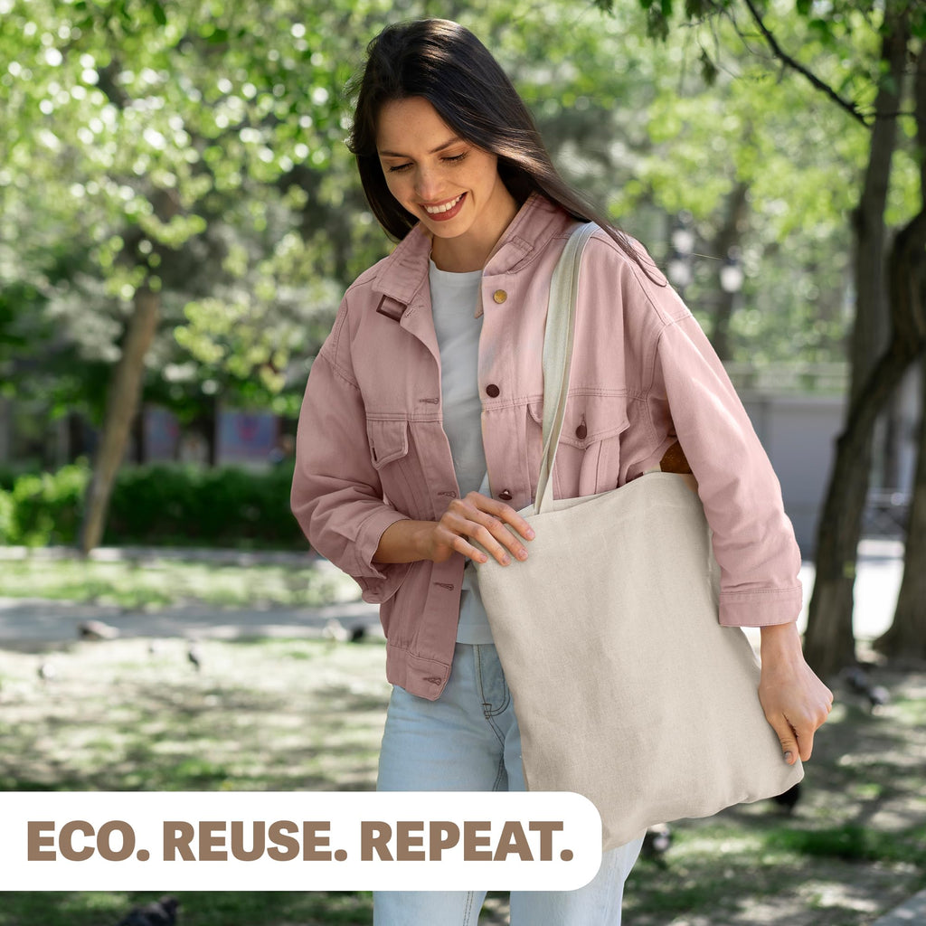 Metsi Reusable Canvas Cotton Tote Bag, 15x16, 11 Drop Handle, 100% Natural Cotton Tote Bag, Eco-Friendly, Durable, Washable Cloth Tote for Shopping, Book, Travel & Everyday Use, Pack of 10
