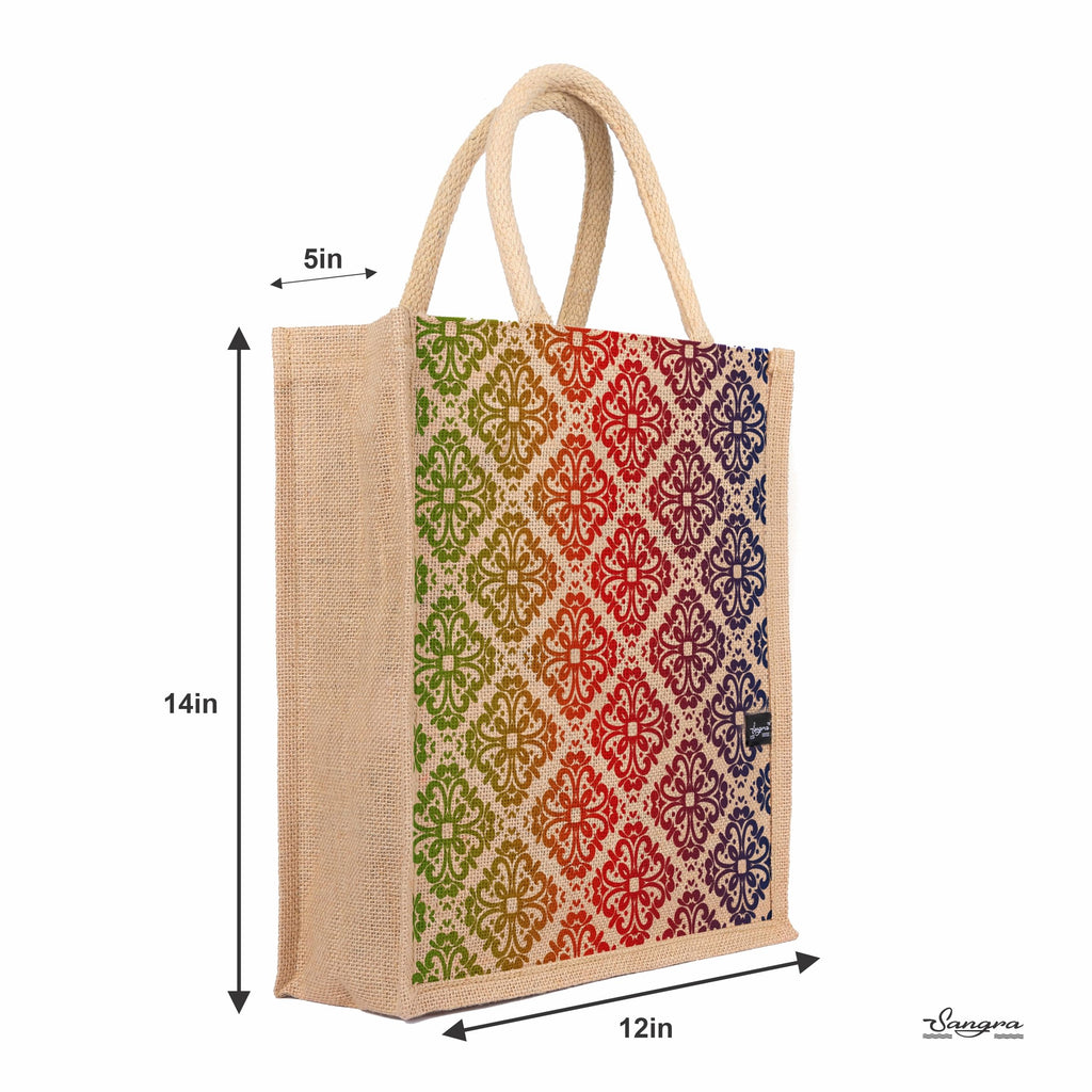 Sangra Multicolor Jute bag for Women and Men Lunch Bag with Zip and Handle Reusable Tiffin Bag Shopping Grocery Bag (Rangoli)
