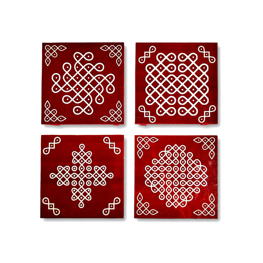 R K Enterprises Puja Chowki | Traditional Chowki with Kolam Design | Wooden Pujja Chowki | Traditional & Durable Decorative for Small Puja Manai Stand at Home | Pack of 4 | Pooja Manai
