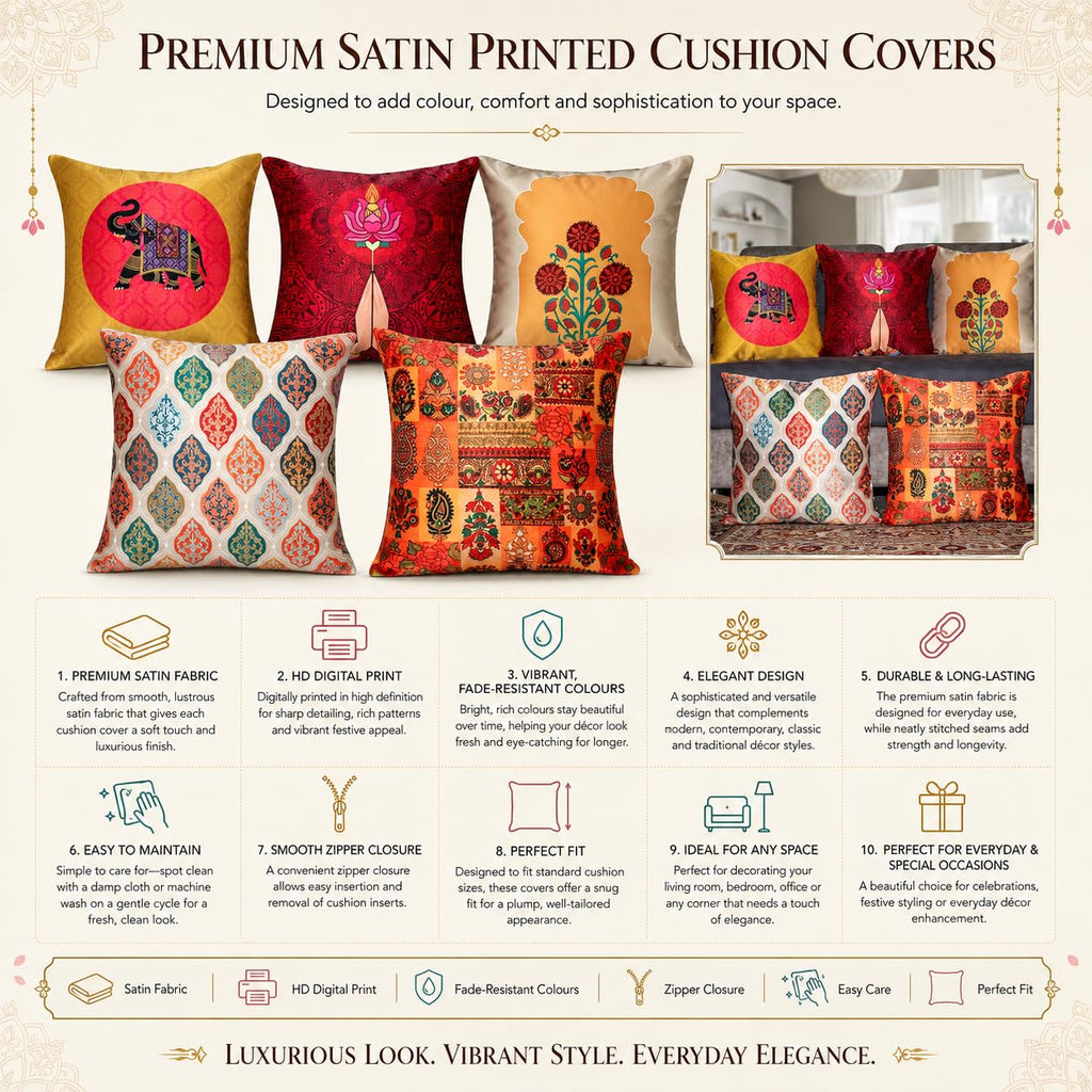 Vendola Decorative Satin Sofa Cushion Covers Set of 5, 12 inch x 12 inch, Sofa Pillow Cover, Ethnic Festive, Red, Yellow, Beige, Namaskar Welcome, Zipper Closure (Namaskar, 12X12 Inches)