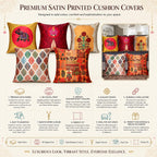 Vendola Decorative Satin Sofa Cushion Covers Set of 5, 12 inch x 12 inch, Sofa Pillow Cover, Ethnic Festive, Red, Yellow, Beige, Namaskar Welcome, Zipper Closure (Namaskar, 12X12 Inches)