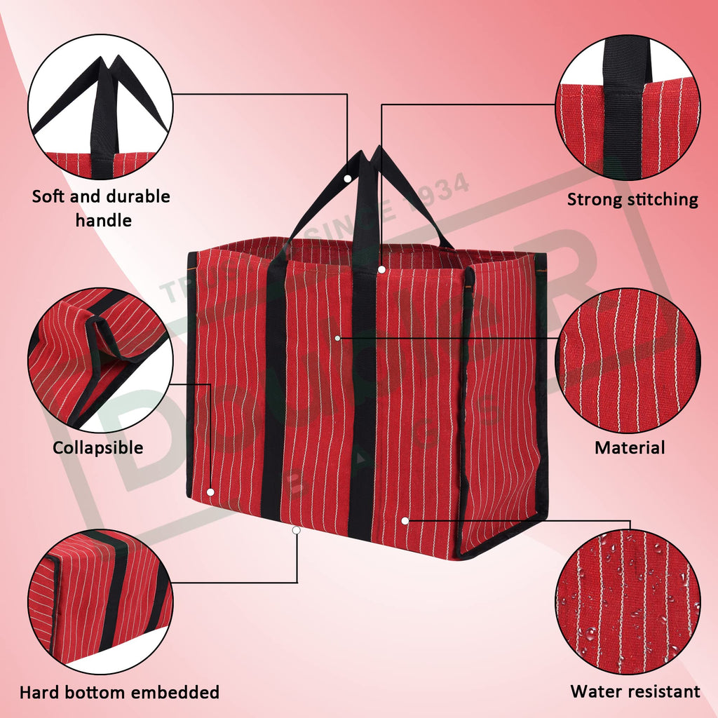 DOUBLE R BAGS Big Eco Cotton Canvas Shopping Bag | Red Jhola Bag for Milk, Grocery, Fruits & Vegetables | Reinforced Handles | 43×21×35.5 cm | 1 Compartment Kitchen Essential (Pack of 2)