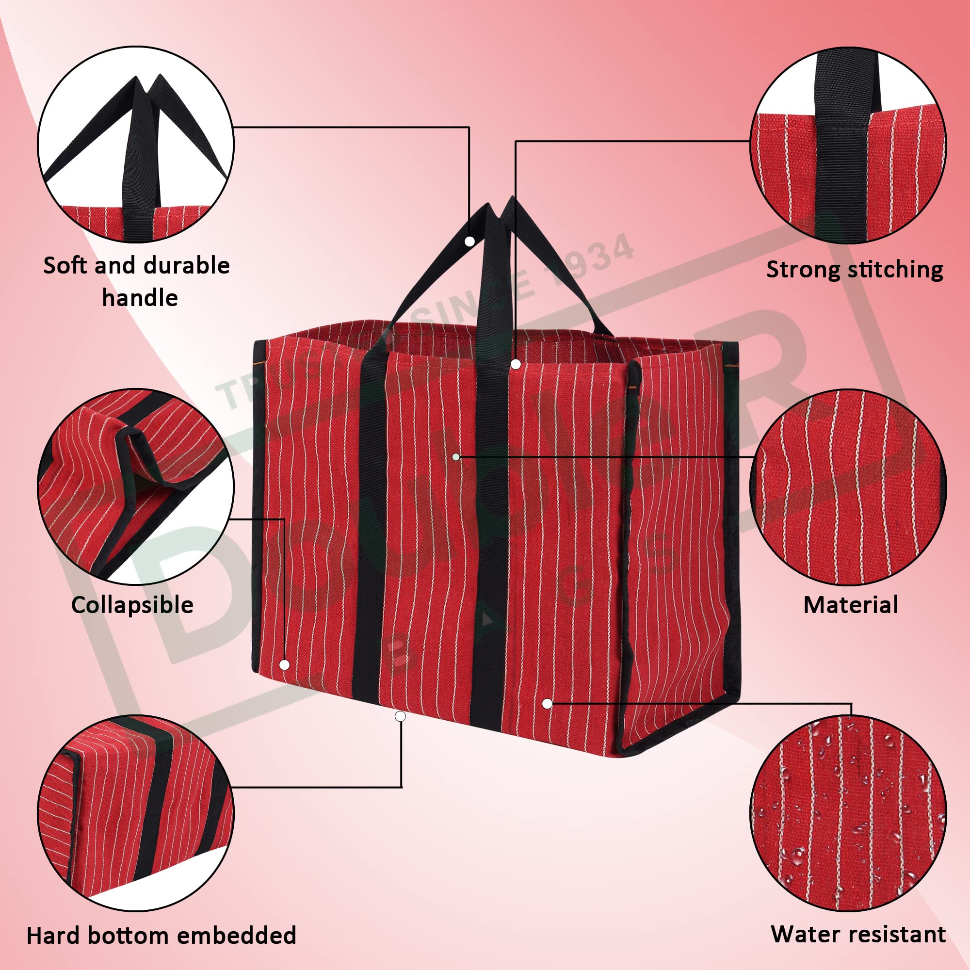 DOUBLE R BAGS Big Eco Cotton Canvas Shopping Bag | Red Jhola Bag for Milk, Grocery, Fruits & Vegetables | Reinforced Handles | 43×21×35.5 cm | 1 Compartment Kitchen Essential (Pack of 2)