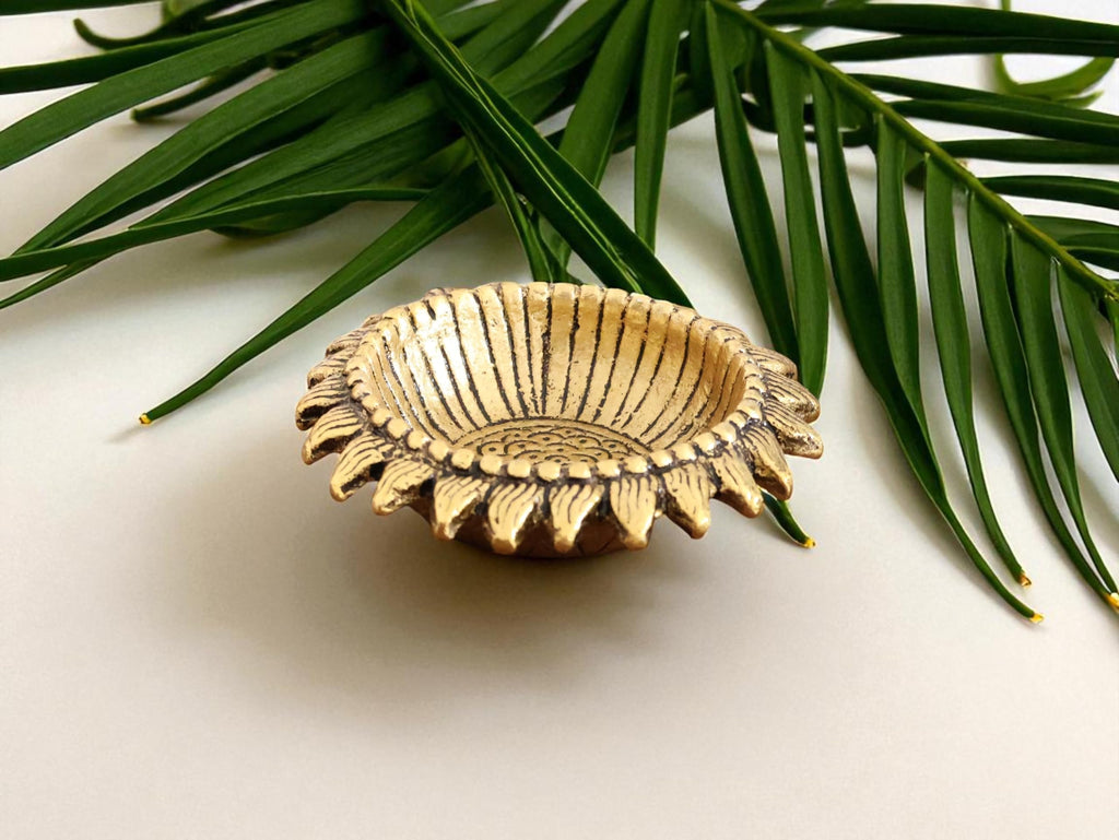 Kridaykraft Decorative Sunflower Diya Set, Gold-Plated Metal, Pack of 6 Pcs, Traditional Festival Lights