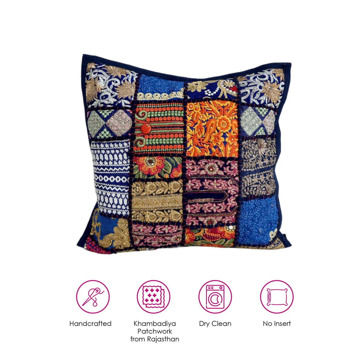 ATRANGI STUDIO Patchwork Cushion Covers - Set of 2 | Handcrafted Khambadiya Patchwork | Rajasthani Art Pillow Cover | Ethnic Cushion Covers for Sofa, Bed & Home Decor | 16x16 Inch, Blue