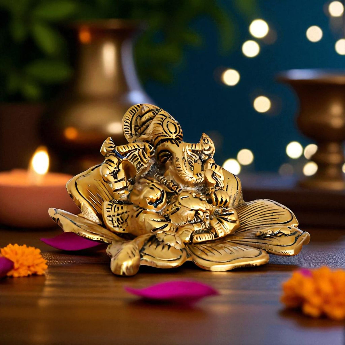 Kridaykraft Metal Ganesh Gold Polish Leaf for Home Decor and Gift Purpose(12 x12 x 8 cm)